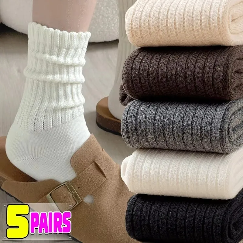 Women Y2k Knitted Long Socks Girls Casual Black White Solid Loose Crochet Middle Tube Lolita Sox Cotton Boot Cuffs Ruffles Socks