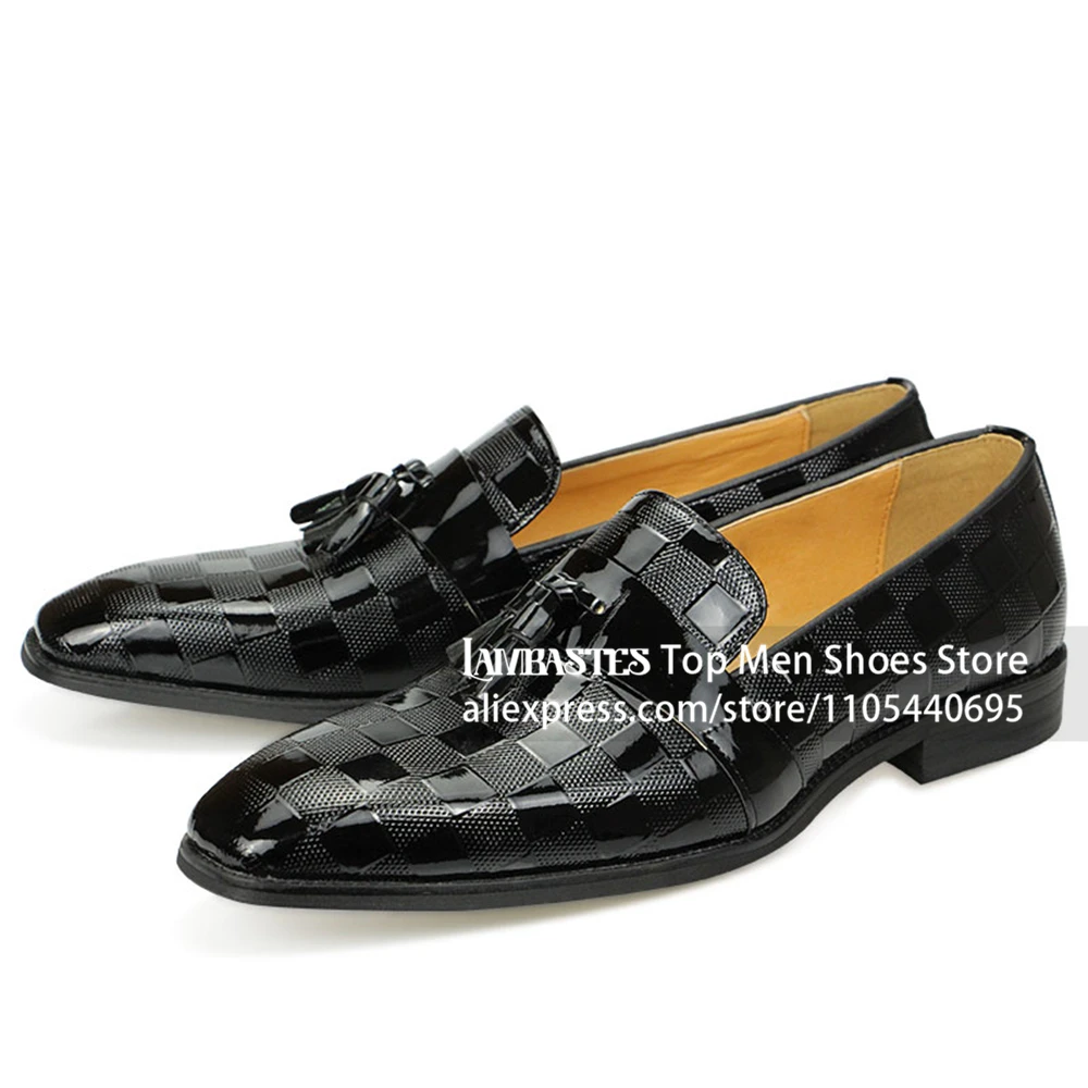 Glossy Plaid Embossed Tassel Loafers Shiny Checkered Wedding Party Formal Dress Shoes Almond Pointed Toe Slip on Dress Men Shoes