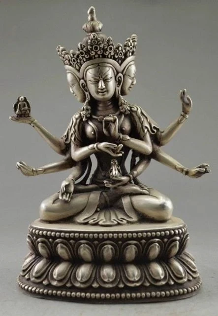 

Elaborate Chinese Decorative old Tibetan plating silver Buddha statue with 3 heads six arms