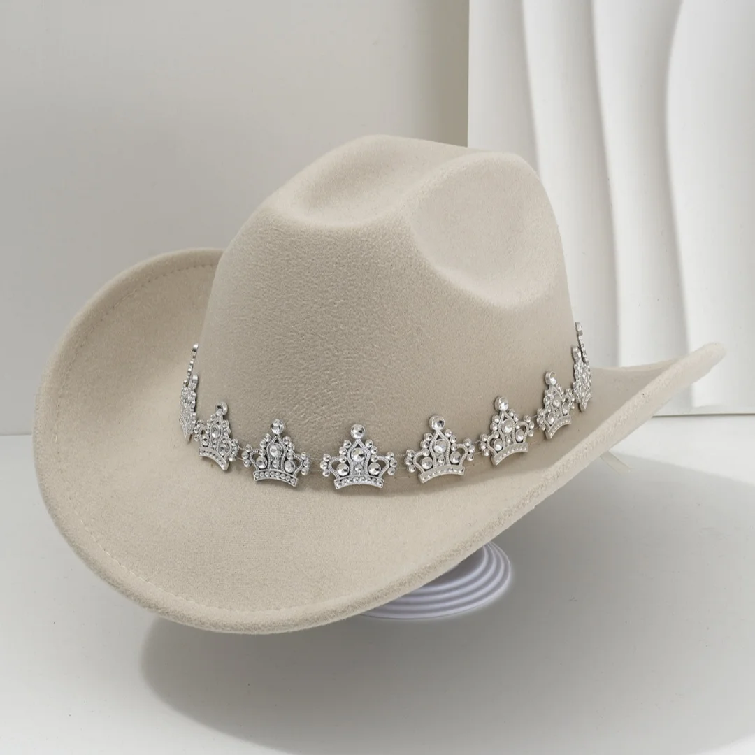 HongLuan Chapéus de topo de feltro preto/branco de luxo, chapéu de cowboy elegante mulher de strass, acessórios de cowboy, boné de festa para homem original