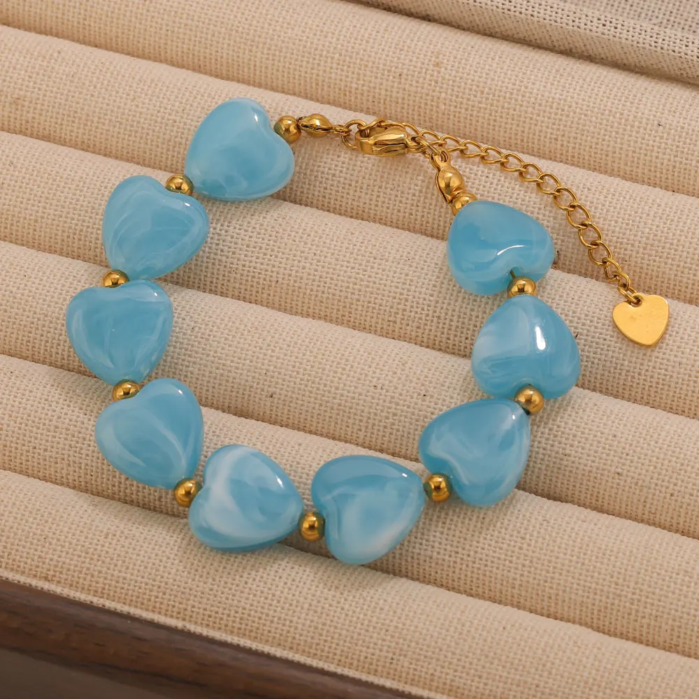 Jolivie Edelstahl-Armband mit rotem Herz für Damen, Urlaubszubehör, Vintage-Acryl-Armreif, Handgelenkschmuck, Armband, Geschenk – Detail 3