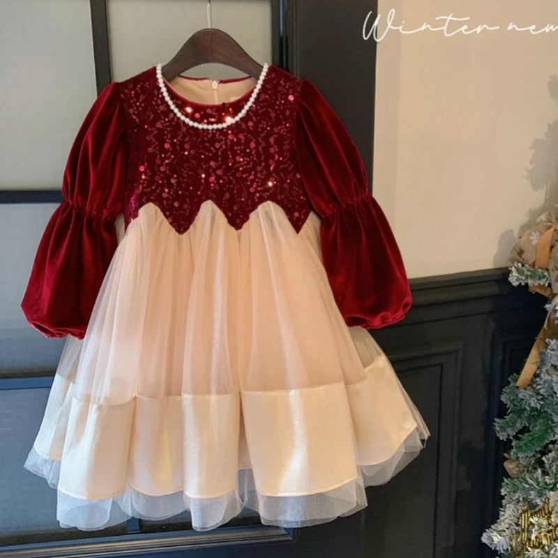 

2025 Зима 2 3 4 6 8 10 лет Детское рождественское платье с жемчужным вырезом и блестками плюс бархатное теплое кружевное лоскутное новогоднее красное платье для маленьких девочек