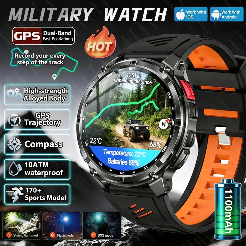 

Новые военные смарт-часы 2026 года с аккумулятором 1100 мАч для активного отдыха, GPS, компасом, водонепроницаемостью 10ATM, функцией звонков, AMOLED HD-дисплеем, спортивные смарт-часы для мужчин