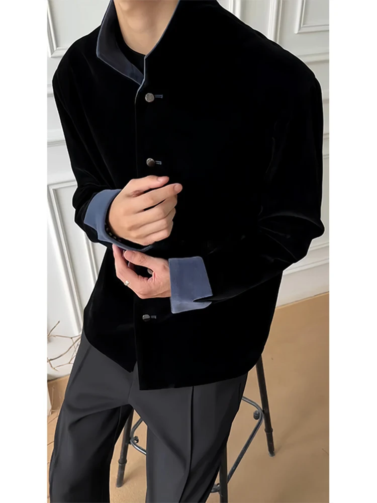 

New Chinese Style Men's Black Velvet Jacket Casual Spring Fashion Brand Standard Fit Outdoor Leisure Suiting Commuting Sports