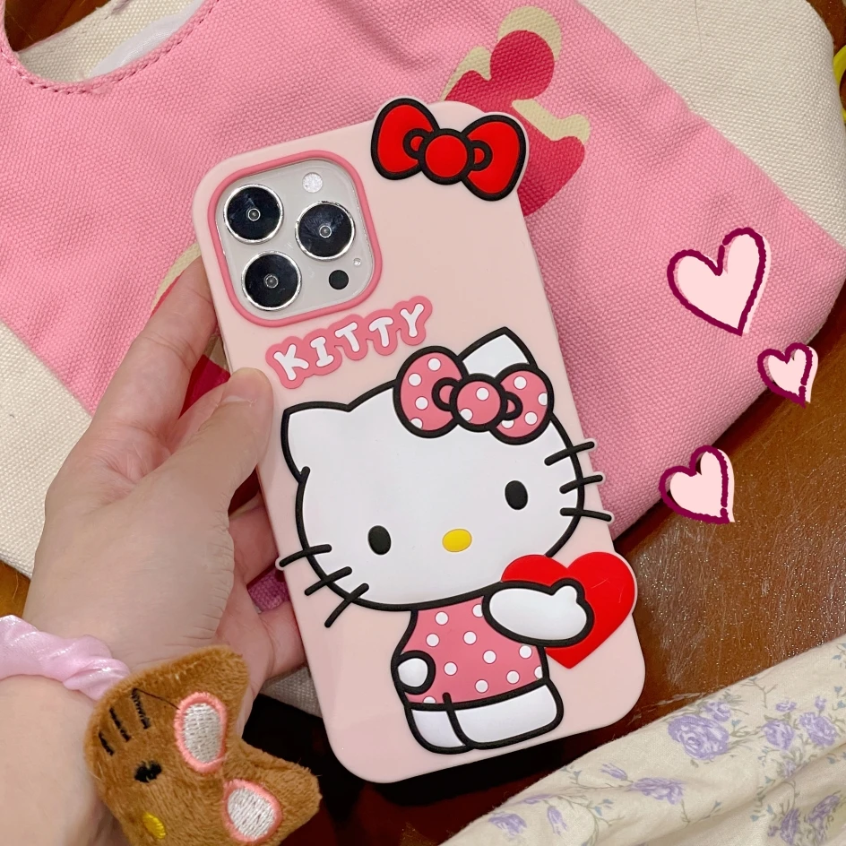 3D Stereoscopic Sanrio Hello Kitty Phone Case for IPhone 11 12 13 14 Pro Max Cartoon Lovely Heart Style Silicone Soft Back Cover