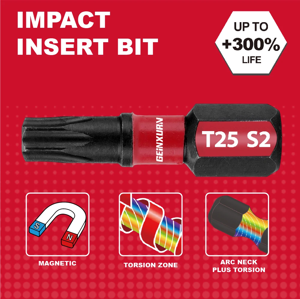 GEINXURN Impact Tough #25 Torx 1 in. Insert Driver Bits,Magnetic T25 Power Bits, S2 Alloy Steel T25 Screwdriver Bits Set Bulk