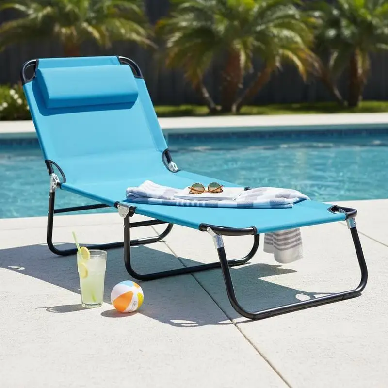 Outdoor Folding Lounge Chair, Steel Tanning Chair with Reclining Back, Breathable Mesh for Beach, Yard, Patio, Sky Blue