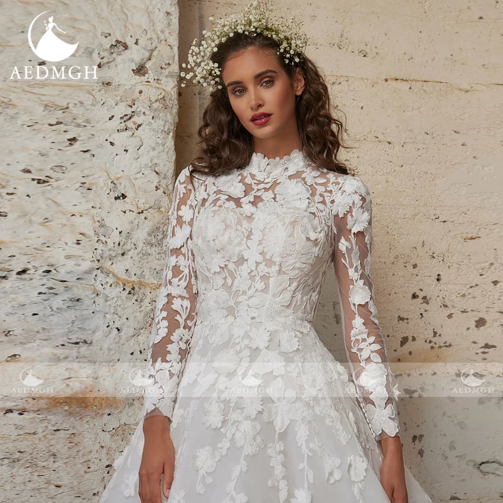 Aedmgh-vestidos De novia elegantes De corte en A, bata De manga larga con cuello alto, Apliques De encaje, flores, vestido De novia elegante hecho a medida