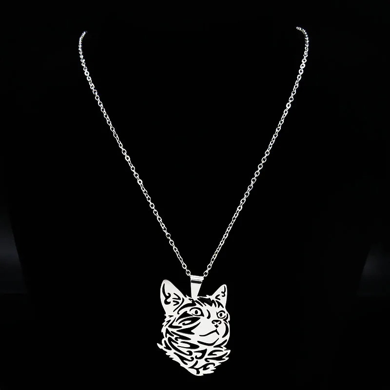 Wicca Fashion Cute Cat Necklace for Men Silver Color Kitten Stainless Steel Hollow Statement Necklaces Jewelry Collar Mujer N924