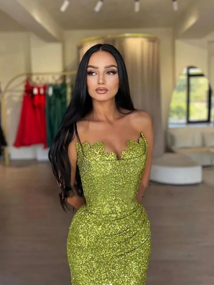 Vestido de sereia verde sexy com lantejoula, vestidos de noite com lantejoulas, vestido de baile formal Ruched Bodycon Seweetheart, robe até o chão