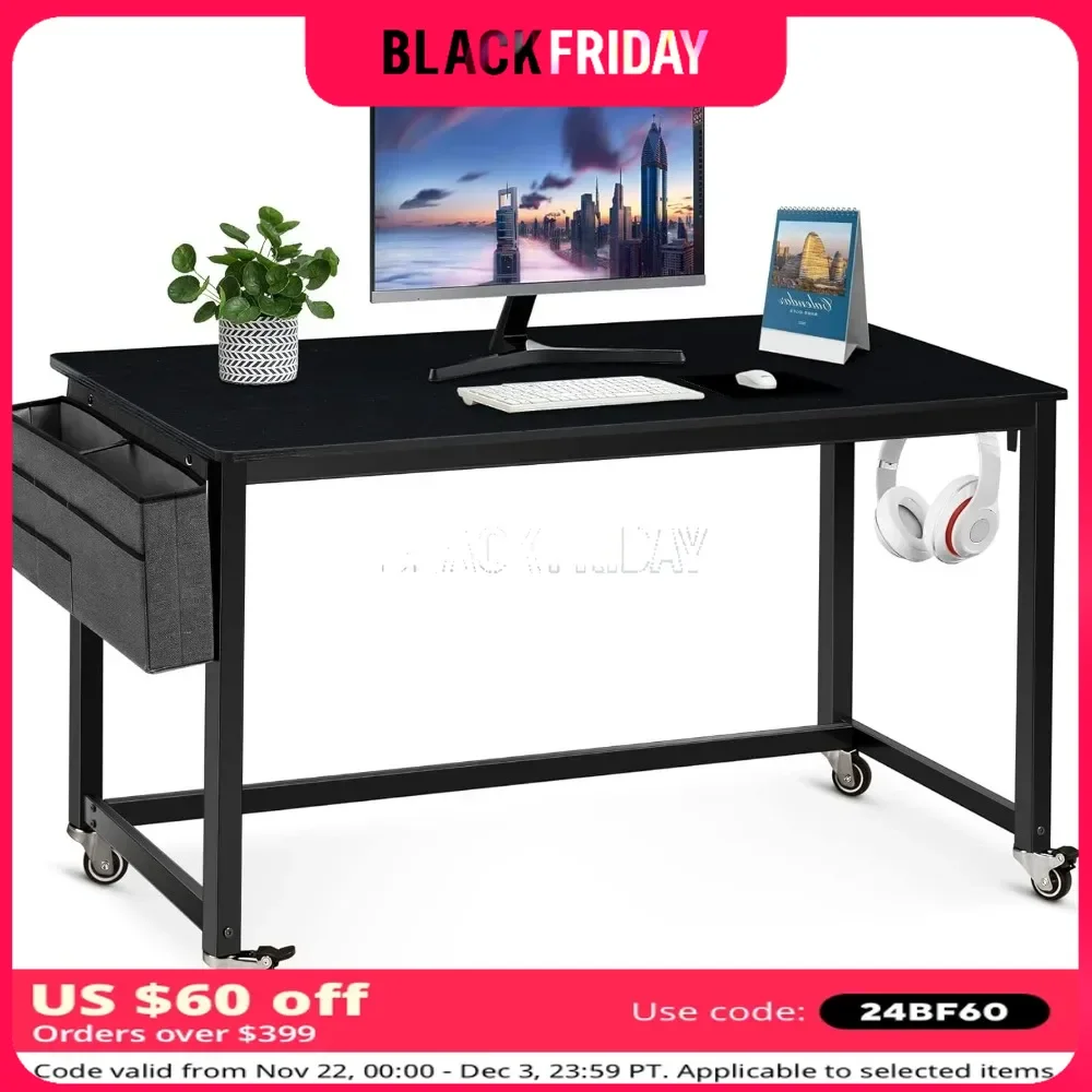 

Rolling Computer Desk with 4 Smooth Wheels, Simple Style Mobile Writing Desk Home Office Study Table Movable Workstation 55"