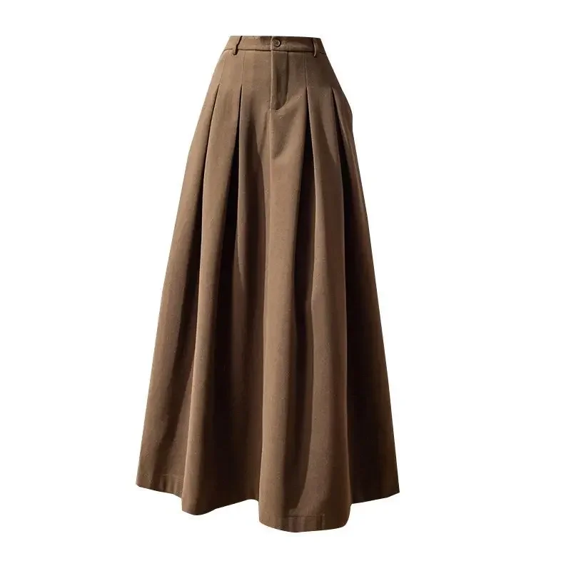 Elegant Women Woolen Skirts for Female Pockets Office Ladies Casual Loose A-Line High Waist Midi Skirt 2023 Autumn Winter