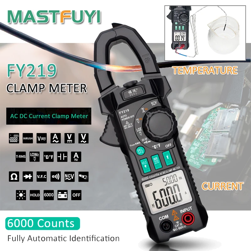 FY219 Clamp Meter High Precision Digital Ammeter Universal Auto Multimeter True RMS AC DC 600V 600A Flashlight Diode NVC