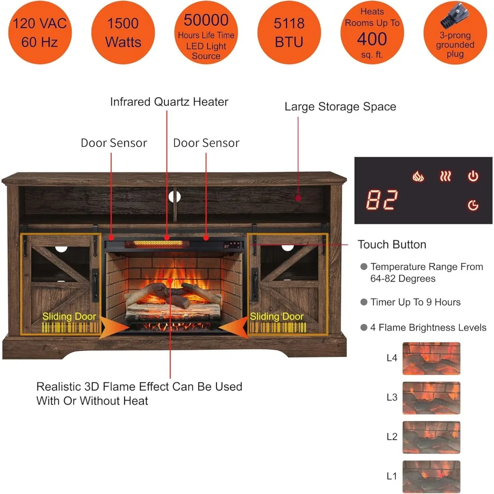 Soporte para TV con chimenea eléctrica de 60 pulgadas, centro de entretenimiento con control remoto, consola de madera para TV con función de chimenea moderna