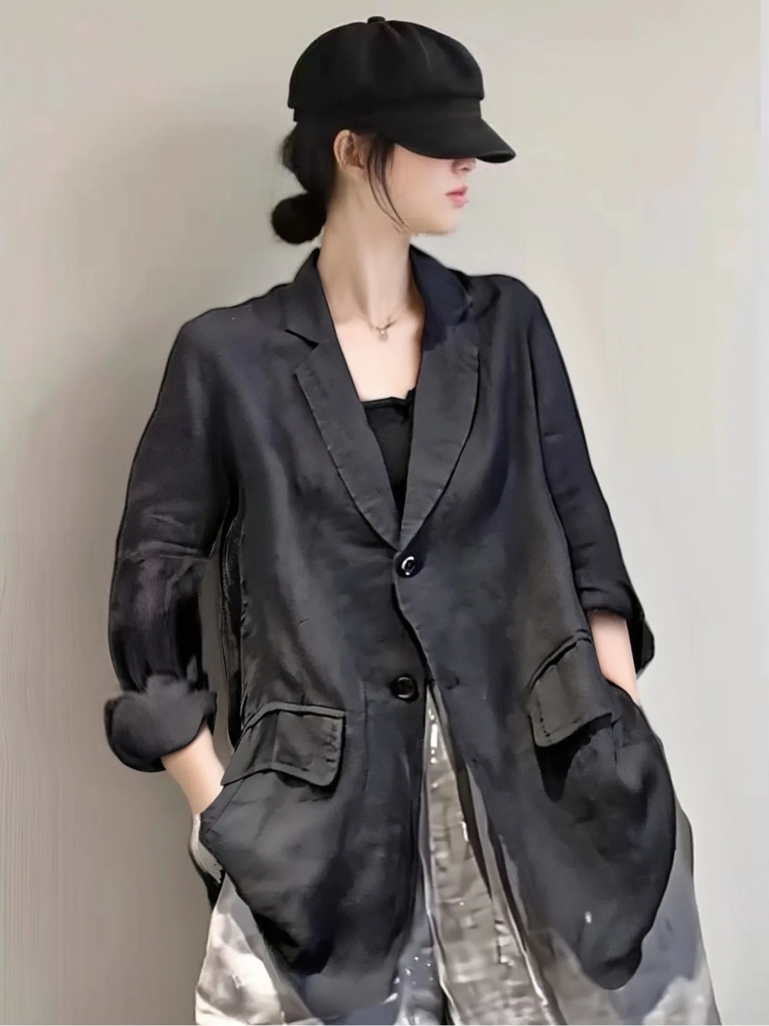 

Свободный льняной пиджак больших размеров для женщин, модный, с разрезом сзади, рукавом три четверти, отложным воротником, верхняя одежда, пальто