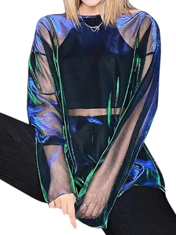 Однотонная прозрачная футболка, женские сексуальные топы, футболка с круглым вырезом и длинными рукавами для женщин, клубная одежда Y2k, эстетические футболки Egirl