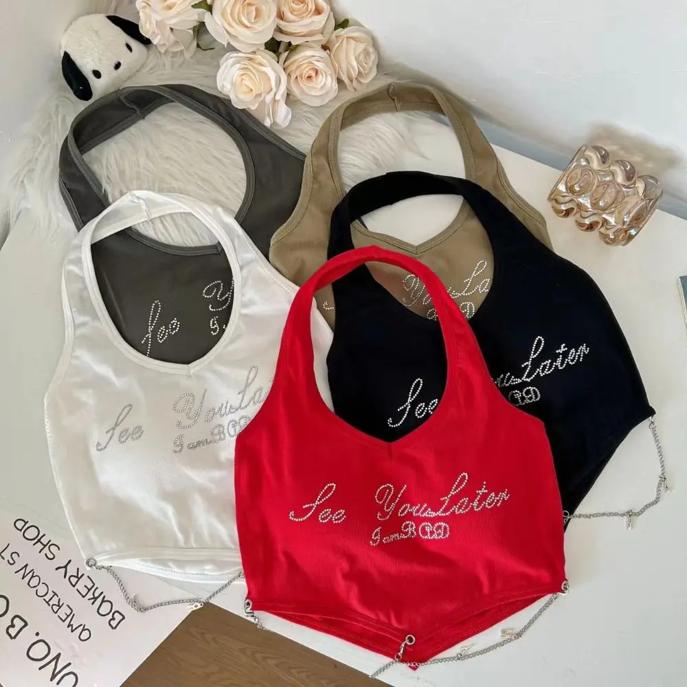 Fashion with chest pad Hanging Neck Vest Open Back Short Sleeveless Camisole Casual Metal Chain Tank Top Summer