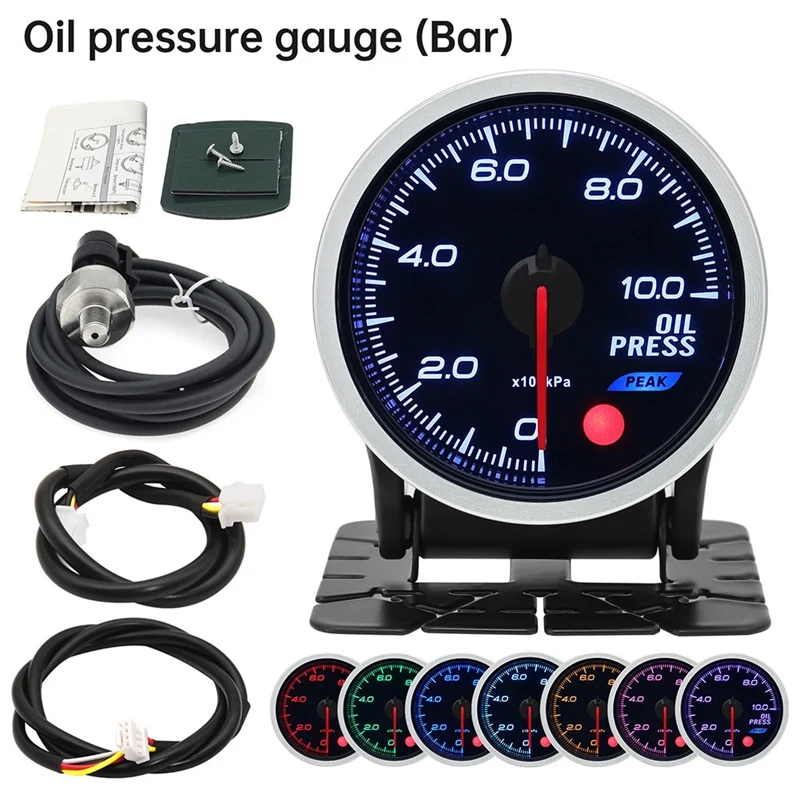 7 Colors Backight 52Mm Boost Gauge BAR Turbo Pressure Gauge Manometre Pression Turbo Fuel Oil Press Oil Temp 12V