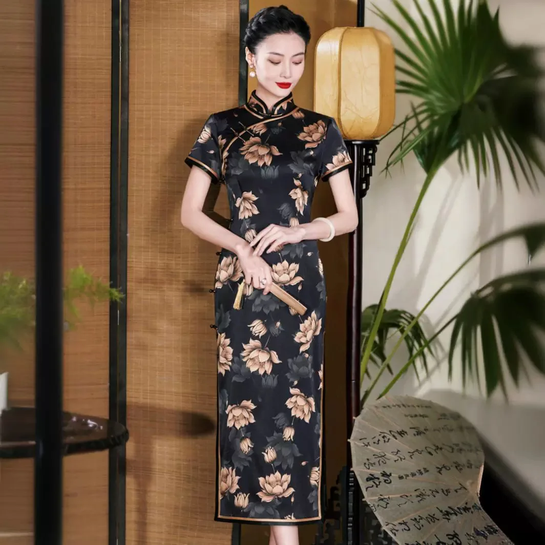 High-End Real Silk Cheongsam Qipao Female 2024 Summer New Retro Improved Old Shanghai Dress