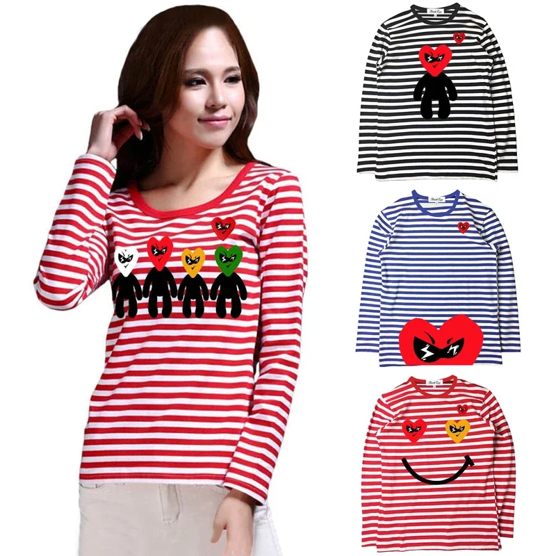 Break Egg Women Striped T-Shirt Red Heart Embroidery Little Character Heart Print Cotton O-neck Elastic Long-sleeved T-shirt