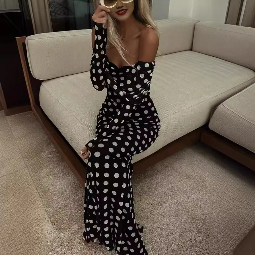 

2025 autumn and winter new women's fashion gauze polka-dot stitching one-shoulder sexy elegant temperament slim dress lady