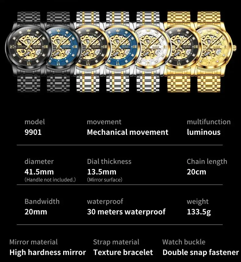 OLEVS 9901 Gentleman's Mechanical Watches Stainless Steel Hollow Automatic Watches for Man Luxury Business Men's Wristwatches