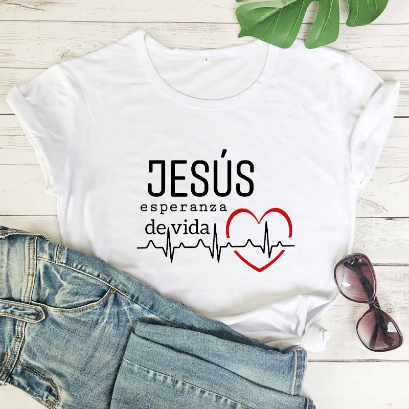 jesus esperanza devida Spanish T-Shirt Christian shirt heartbeat graphic print Tee Women fashion Casual cotton vintage Top