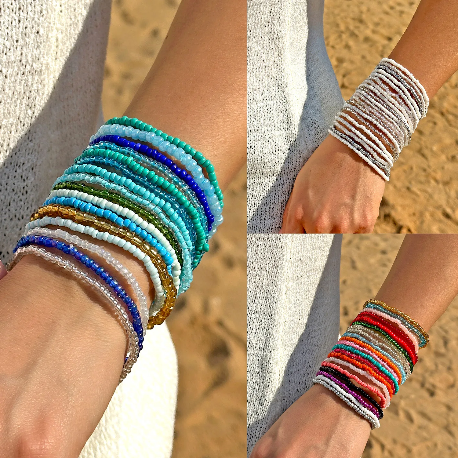Böhmische Stapelbare Perlen-Stretch-Armbänder für Frauen Zufällige Farbmischung Elastische Reisperlen-Armbänder Sommer-Strandschmuck – Detail 1