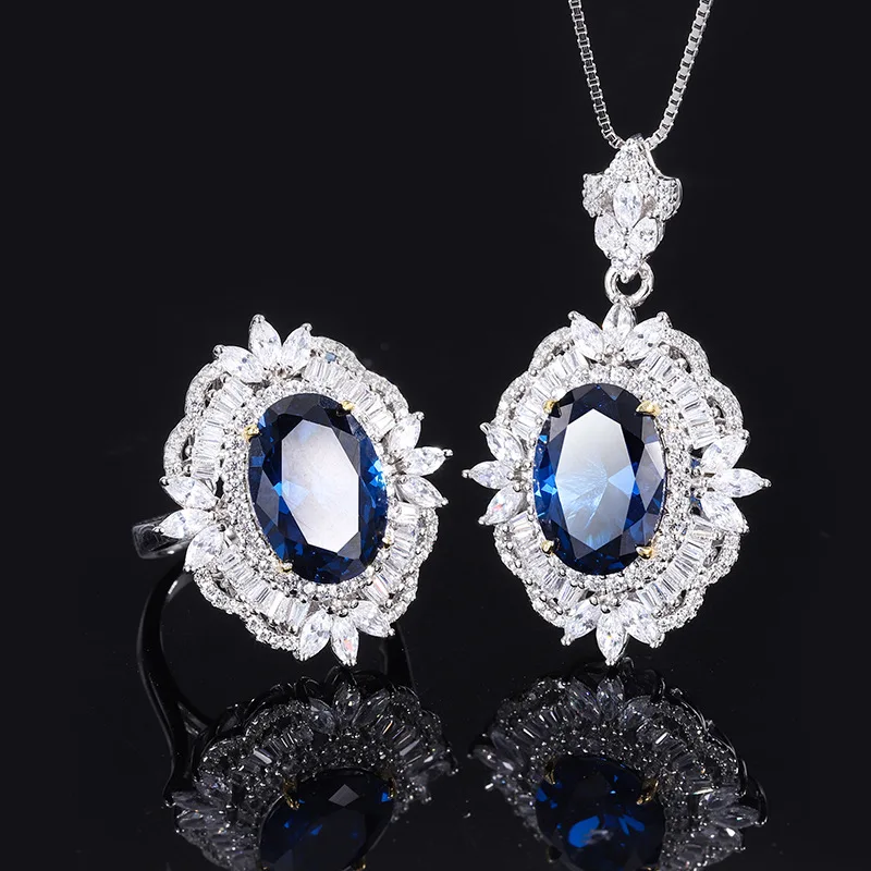 18K Gold Set with PT950 Platinum Royal Sapphire Retro Style Pendant Ring Set Main Stone 10*14
