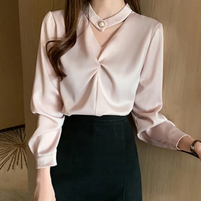 Red Blouse Women Long Sleeve Satin Shirt Korean Style Fashion Simple Loose Office Tops 2023