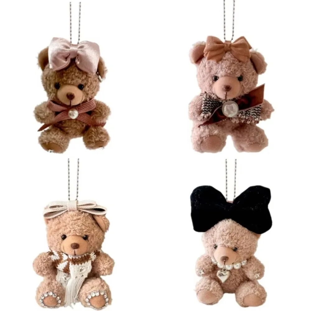 Brown Plush Bear Keychain Plush Doll Sweet Bow Bear Phone Back Clip Handmade Kawaii Fluff Stuffed Animal Key Rings Bag Pendant