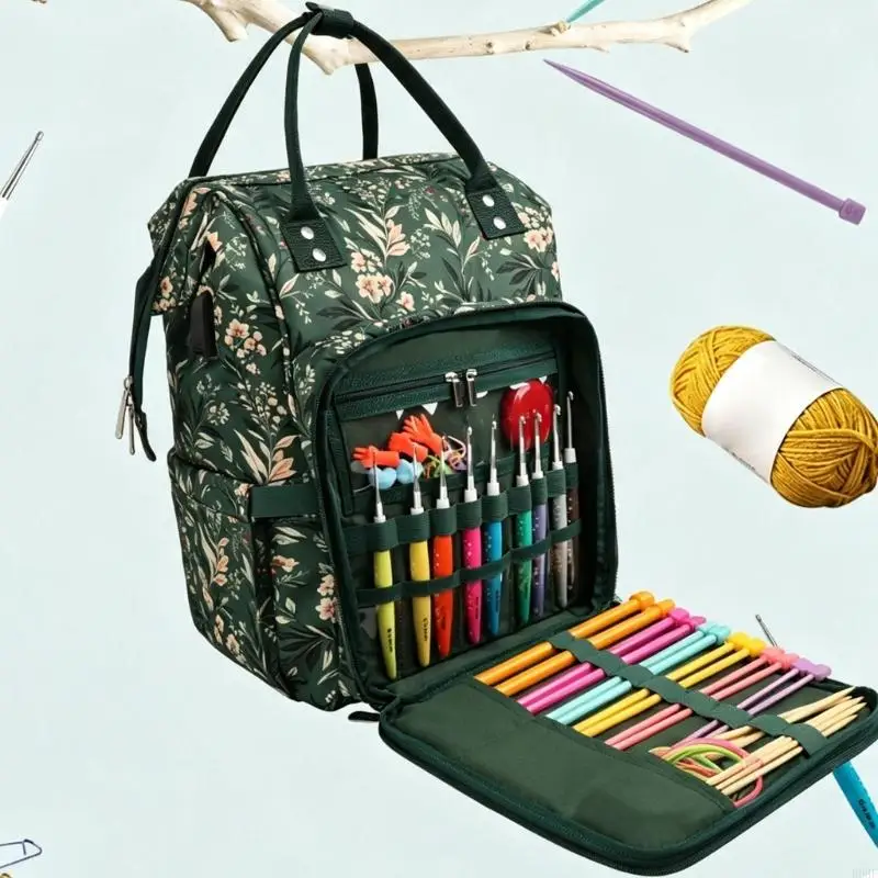 Flower Print Knitting Needle Organiser Oxford Fabric Knitting Tool Bag with Zippered Compartments, Shoulder Strap and Side B03E