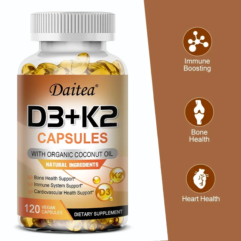 Vitamin D3 + K2 Capsules - Organic Coconut Oil - Regulates Calcium Absorption and Supports Healthy Bone, Heart & Immune Function