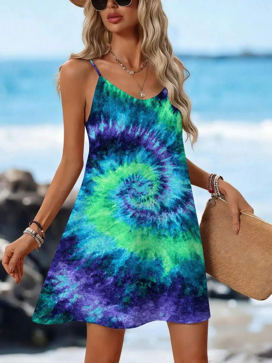 

Women Adjustable Thin Strap V Neck Backless Flowy Tie Dye Spiral Mini Dress Beach Summer Casual Sleeveless A Line