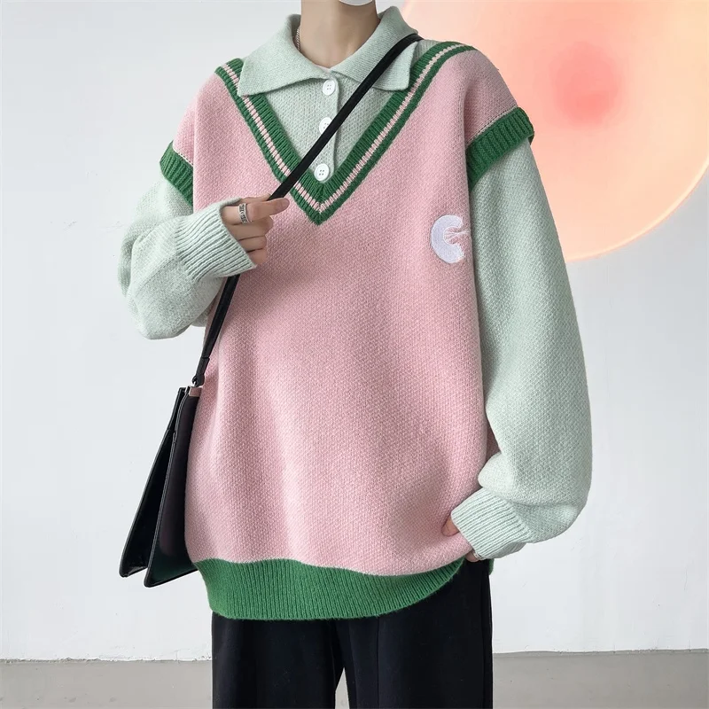 

Мужской вязаный свитер в американском ретро-стиле, имитация двухслойности, с длинным рукавом, свободный крой, для весны и осени, повседневная одежда