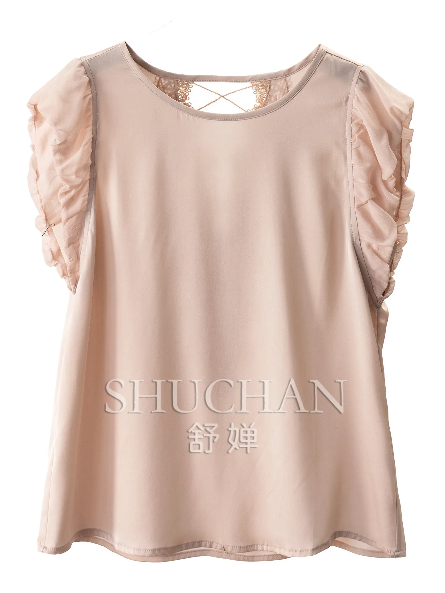 Sexy and Charming T Shirt  French Elegant Hollow Lace Silk Double Joe Small Flying Sleeve Shirt Women's 35W9