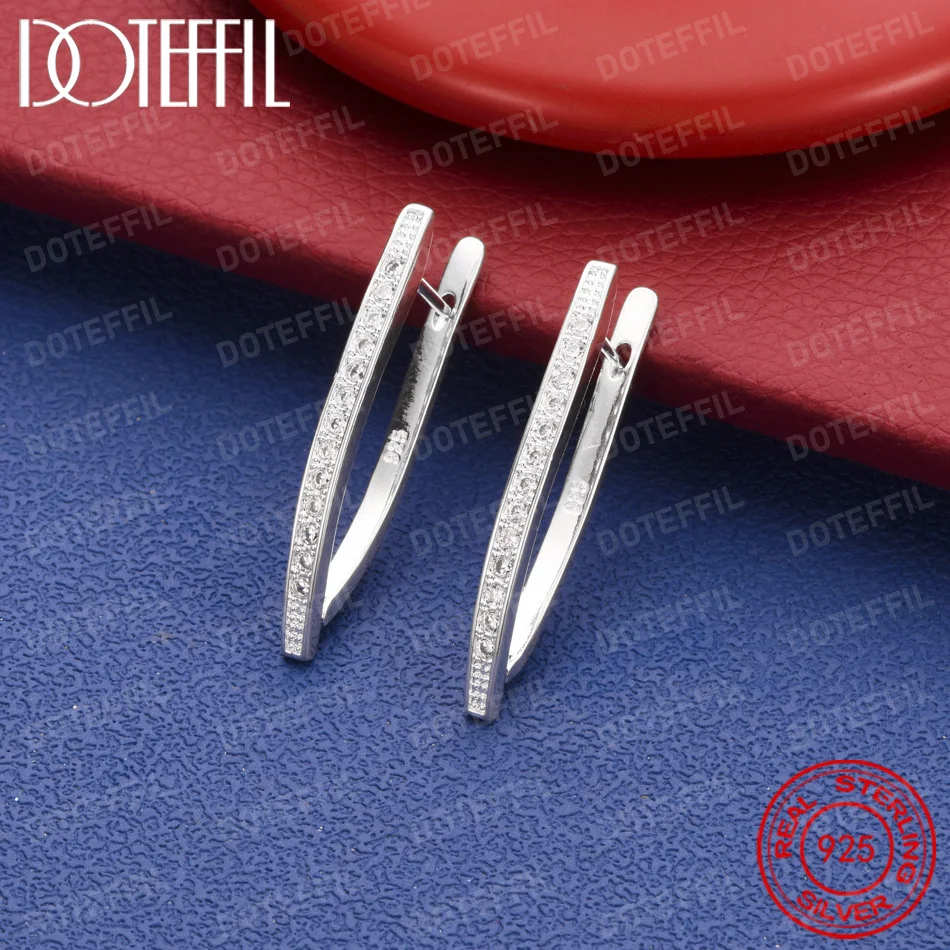 925 Sterling Silver 30mm Delicate V-Shaped Zirconia Earrings for Women, Fashionable Wedding Party Gift Jewelry