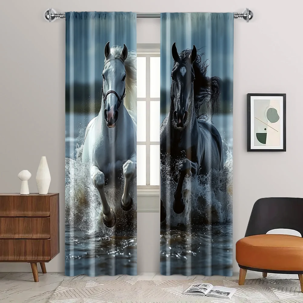 2pc,  Curtains A galloping horse in the water Versatile Fabric,Without Electricity Party Decorations Applies to Home Daily Decor