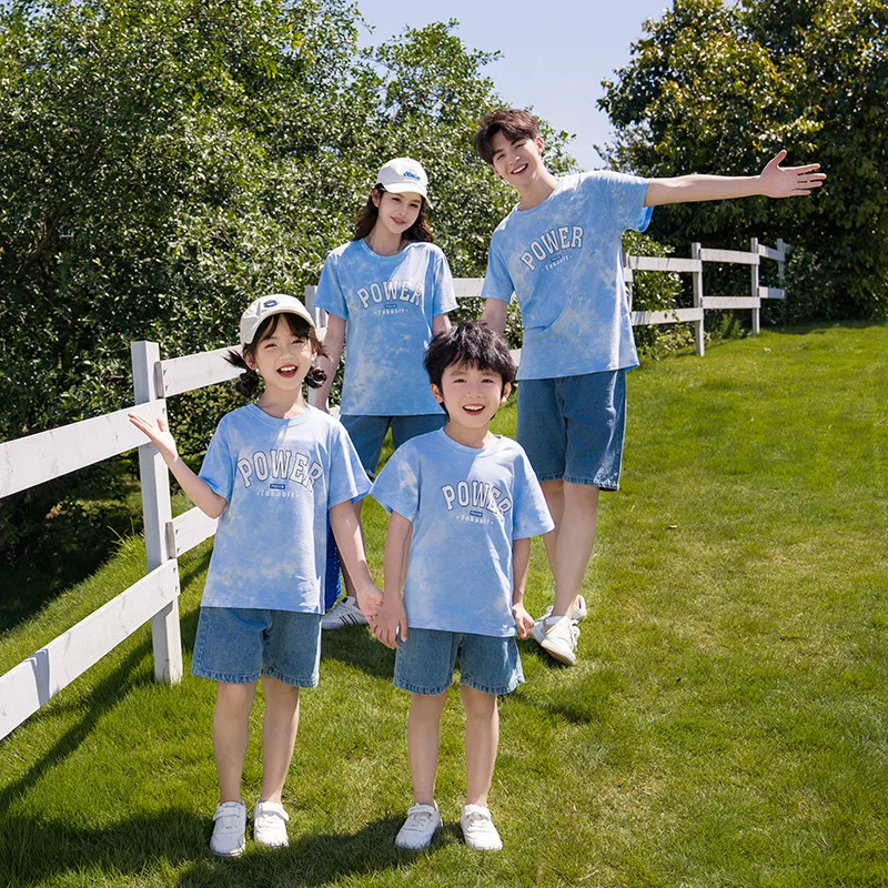 

Family Matching Clothes Sets Parent-child T Shirt Denim Shorts Jeans Two Piece Outfits Father Mother and Daughter Son Tee Shirt