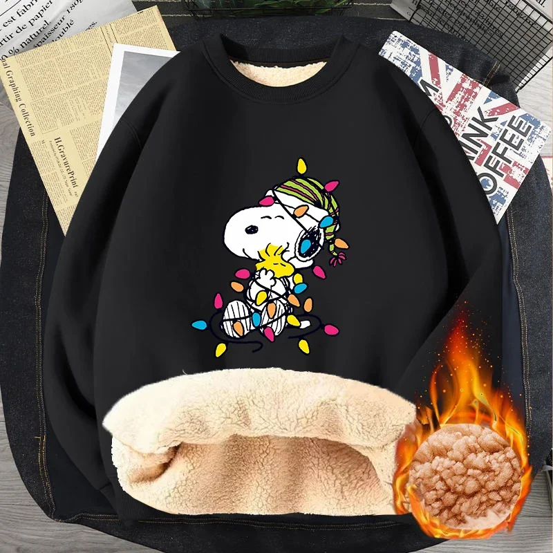 Snoopy Christmas Sheep Velvet Sweatshirt for Women Men Loose Fit Fleece Lined Thickened Warm Casual Jacket Autumn Winter Season