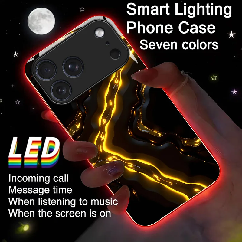 Golden Flow Leuchtende Glas-LED-Handyhülle mit Anruflicht und Blitzfunktion für iPhone 17 Pro Max 16 Pro Max Air 17E 16E 15 14 13 12 11 Pro XS XR Max Plus 7 8 Plus SE Cover Case