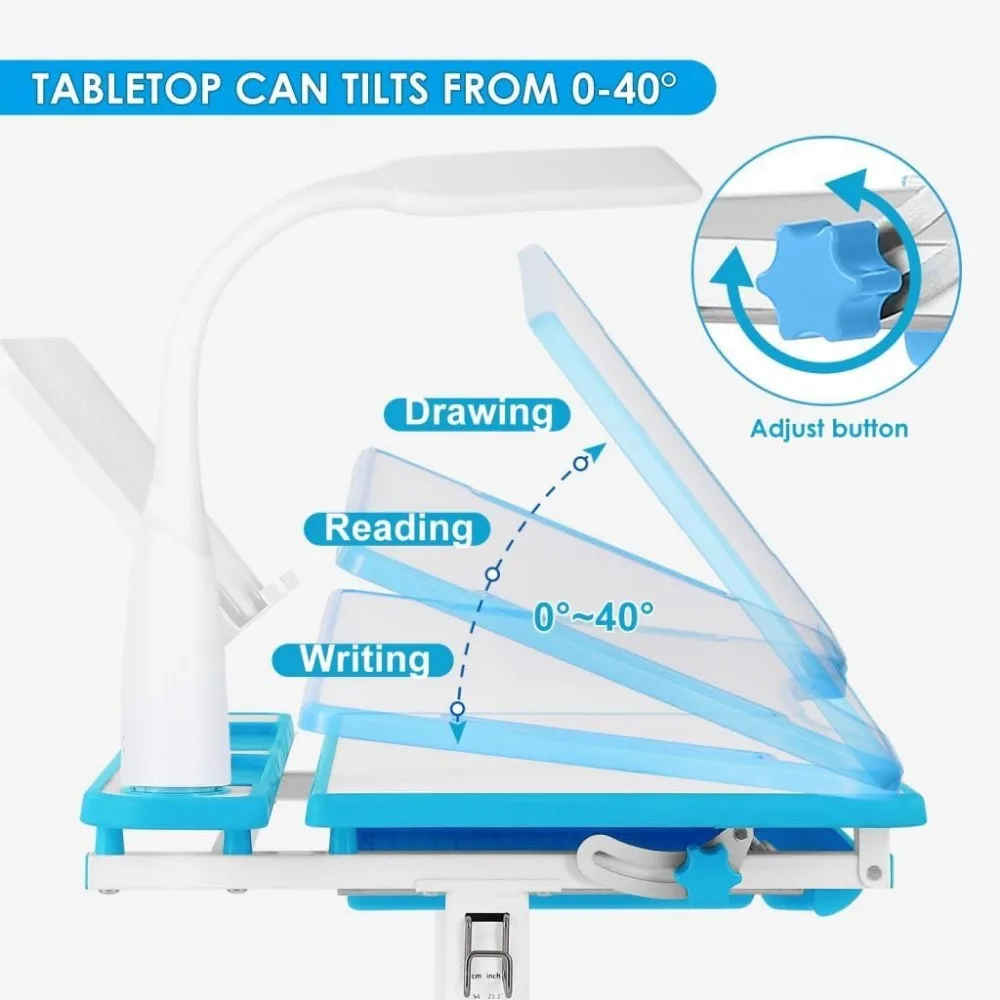 Kids Study Desk and Chair Set Height Adjustable Children School Table Large Writing Board Desk with LED Lamp Pull Out Drawer