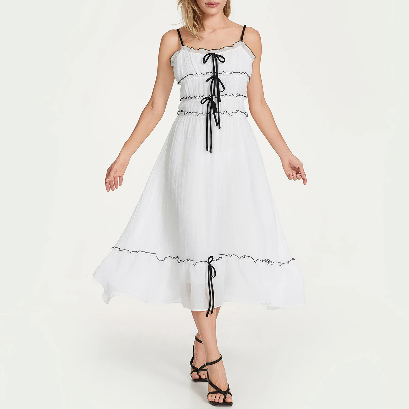 2025 ผู้หญิงชุด Cami Contrast Trim Tie-Up สปาเก็ตตี้ชุด Patchwork ฤดูร้อนสบายๆชุดยาวเปลือย