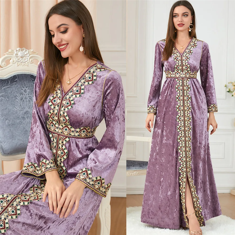 Imagem -06 - Vestido Maxi de Veludo Decote em v para Mulheres Muçulmanas Kaftan Marroquino Vestido de Noite Dubai Árabe e Islâmico Luxuoso Abaya Outono e Inverno