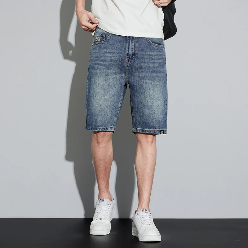 2024 Summer Thin Men\'s Retro Streetwear Denim Shorts Fashionable and Versatile Straight Leg Slim Fit Blue Denim Shorts Male