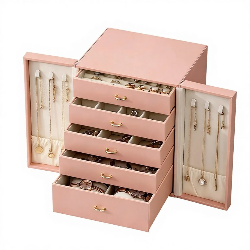 High-grade Cortex Five-layer Retro Chinese Large Capacity Necklace Ring Jewelry Storage Gift Box