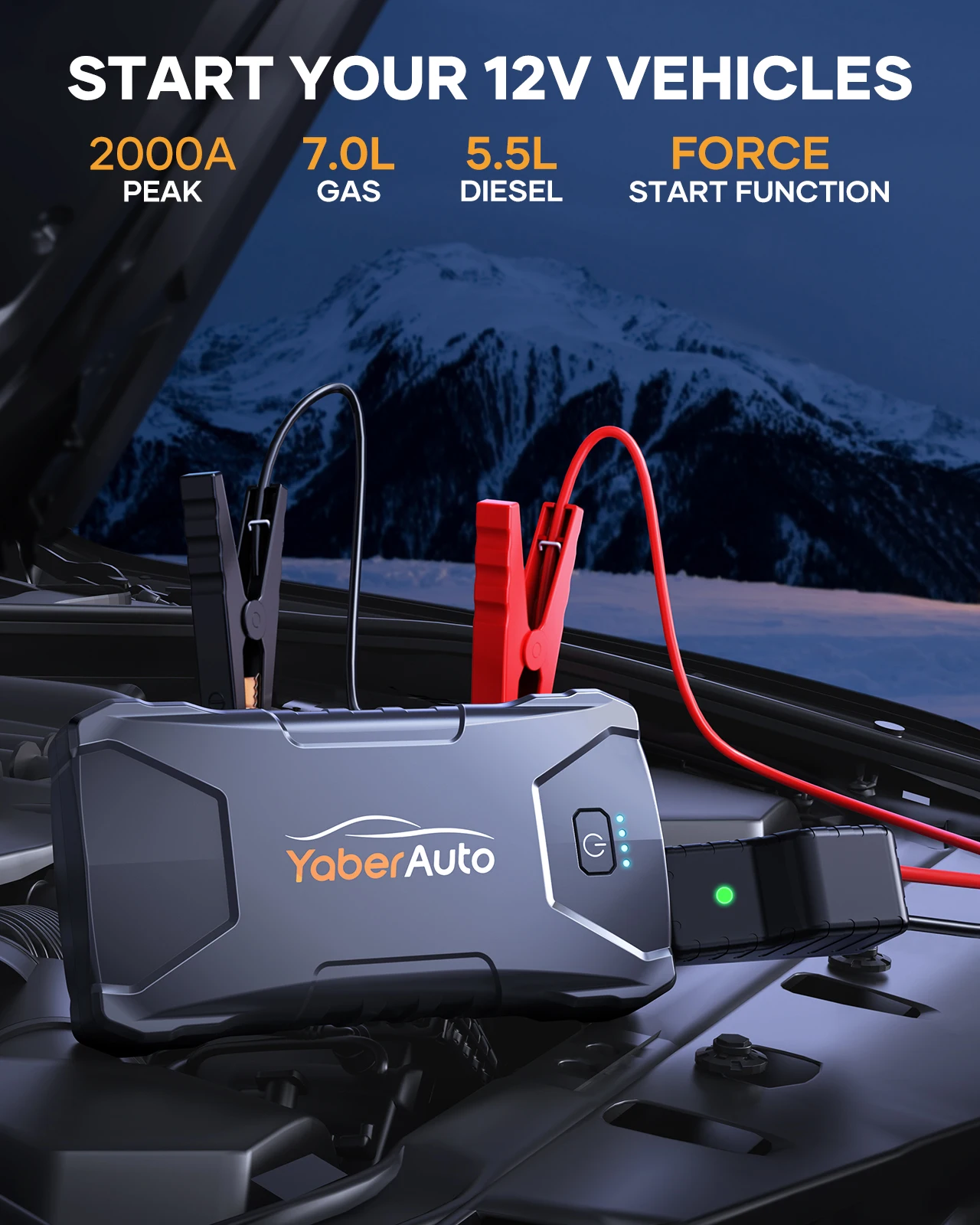 YABER 2000A Peak Current Car Jump Starter Portable Power Bank Mini Waterproof Auto Battery Charger External Battery