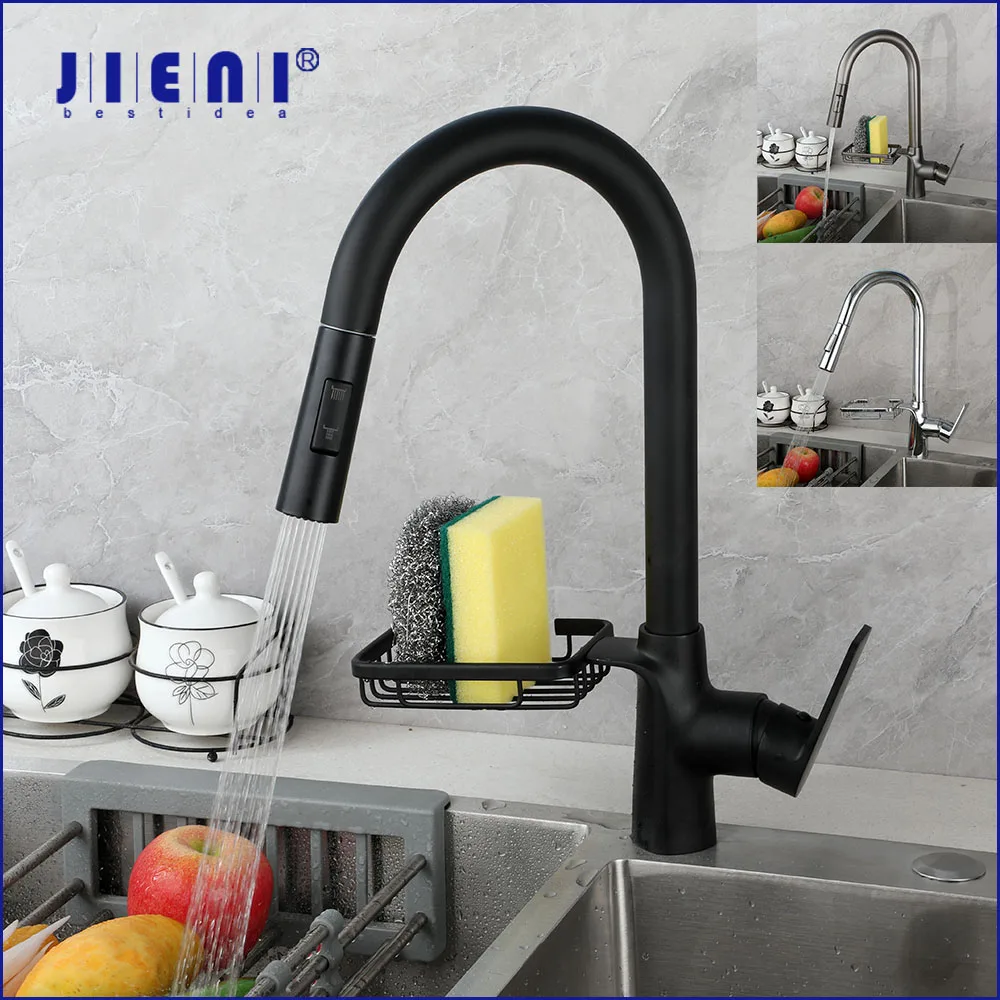 

JIENI Pull Down Kitchen Faucet Dual Modes Single Lever Kitchen Sink Faucets Arc Swan Neck Three Color Style Hot Cold Mixer Tap