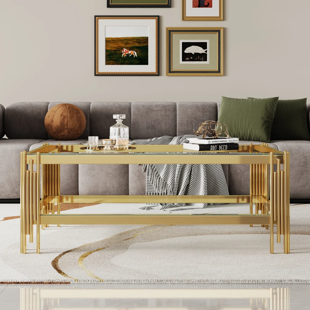 

Top and Bottom Double Layer Tempered Glass Coffee Table and Mirror Finished Stainless Steel Frame