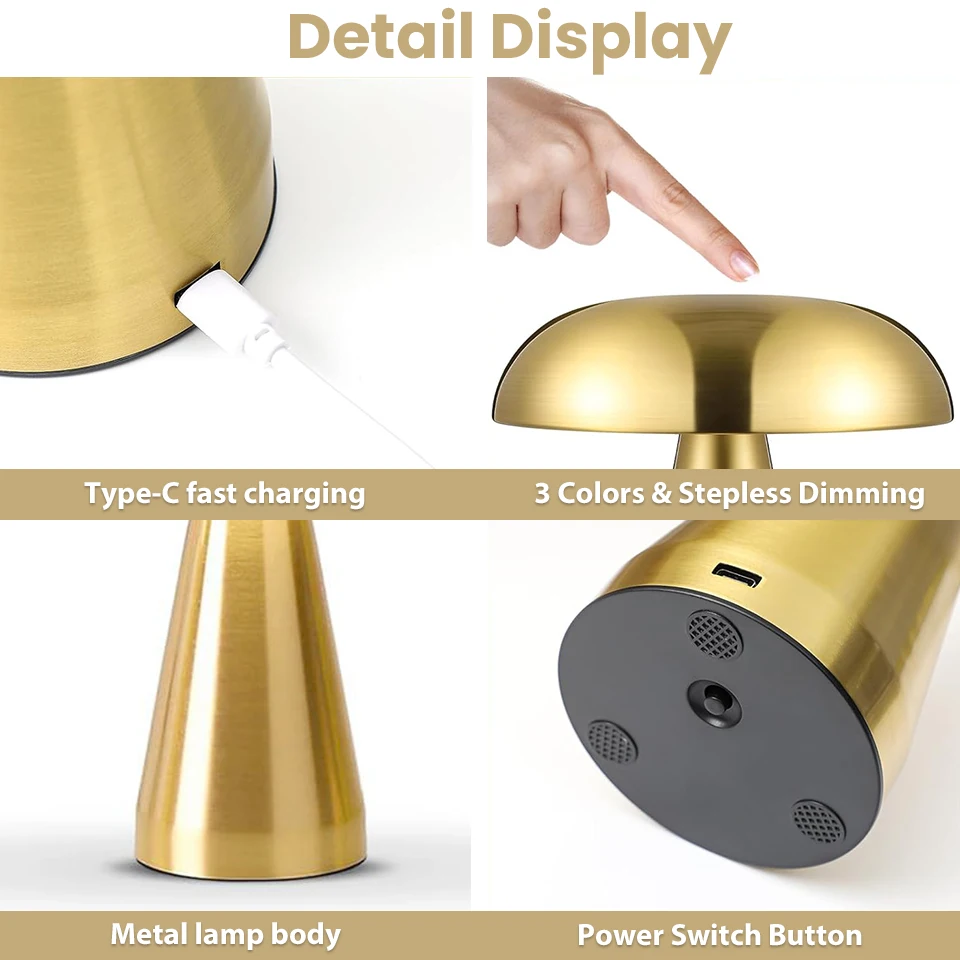 Retro table lamp Mushroom LED Night Light Rechargeable desk lamp Touch Sensor Reading Lights  for bedroom  Restaurant Bar Decor